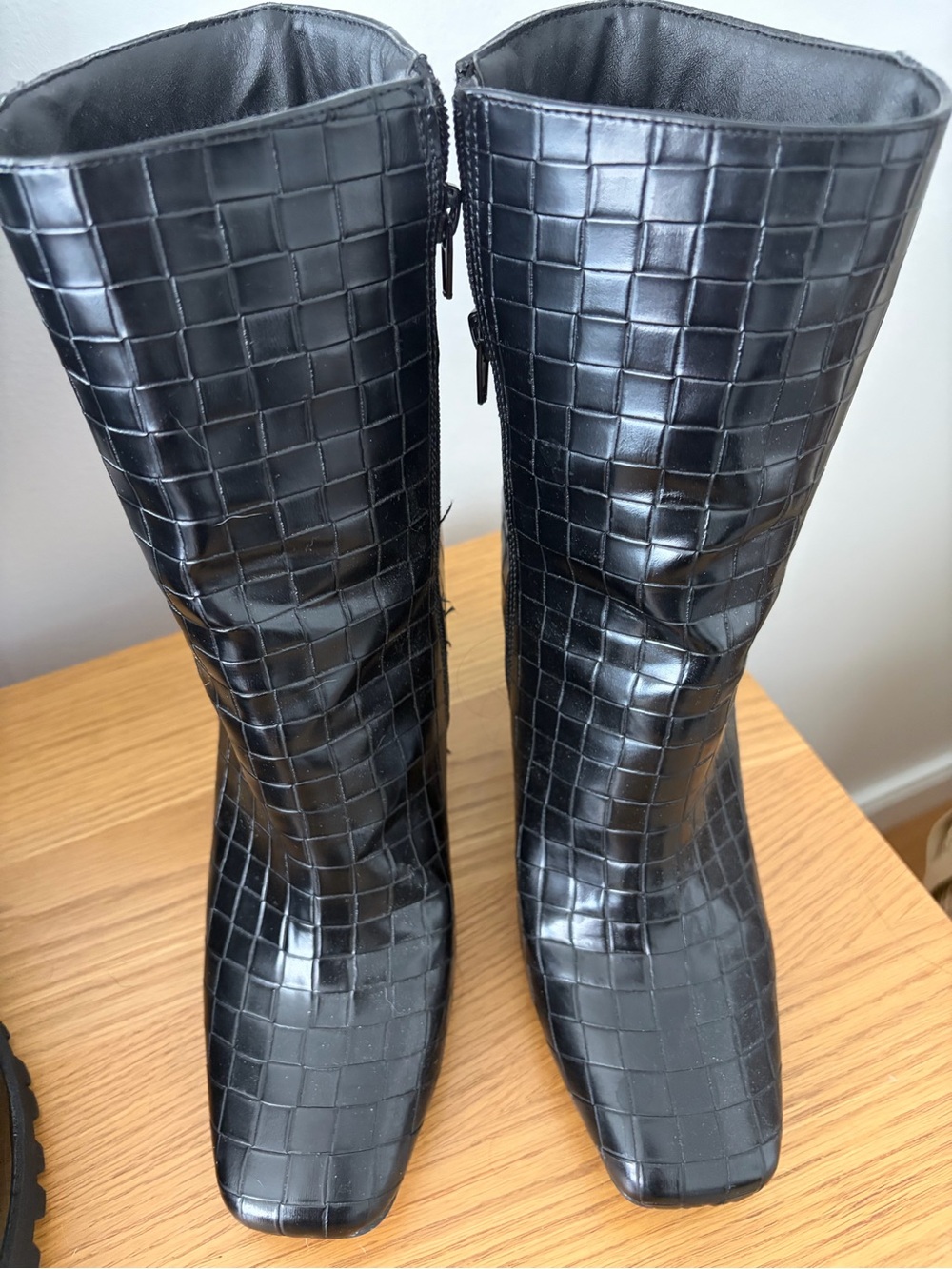 Black Croc-Textured Mid-Calf Boots